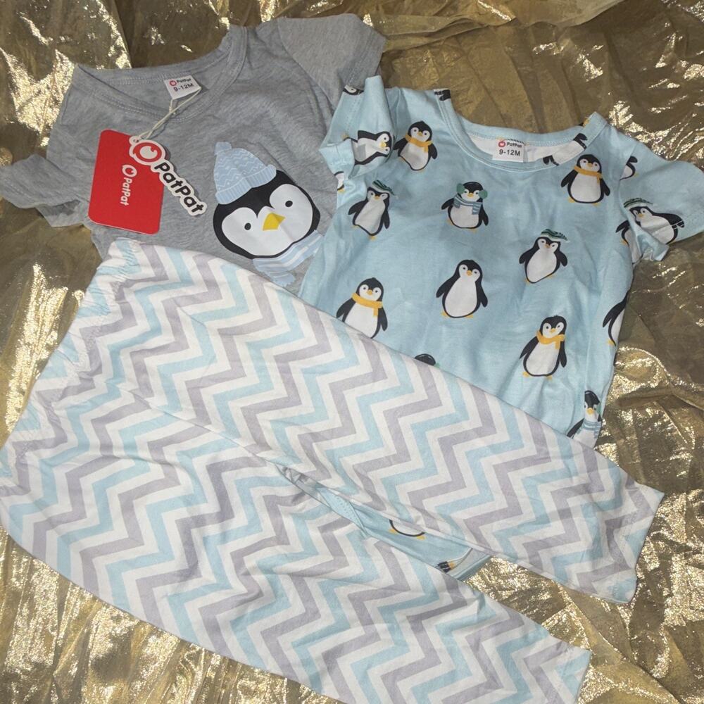 PatPat 3-Piece 9-12M 2 Penguin bodysuit Chevron Pants